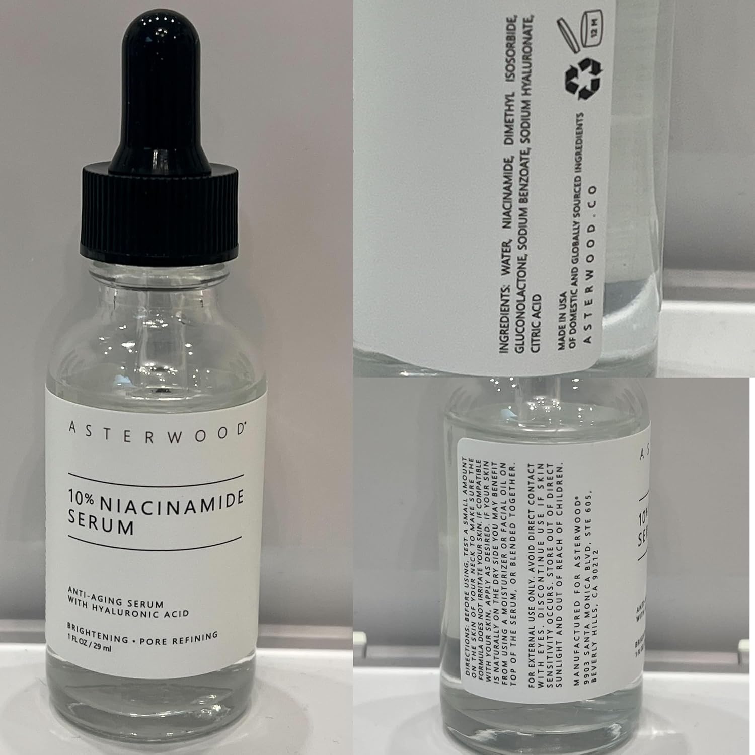image:imageAsterwood 10 Niacinamide Serum for Face AntiAging Pore Minimizing Hydrating with Vitamin B3 and Hyaluronic Acid Tone Texture FragranceFree 1 Fl Oz