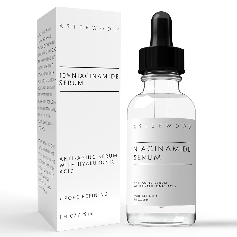 image:imageAsterwood 10 Niacinamide Serum for Face AntiAging Pore Minimizing Hydrating with Vitamin B3 and Hyaluronic Acid Tone Texture FragranceFree 1 Fl Oz