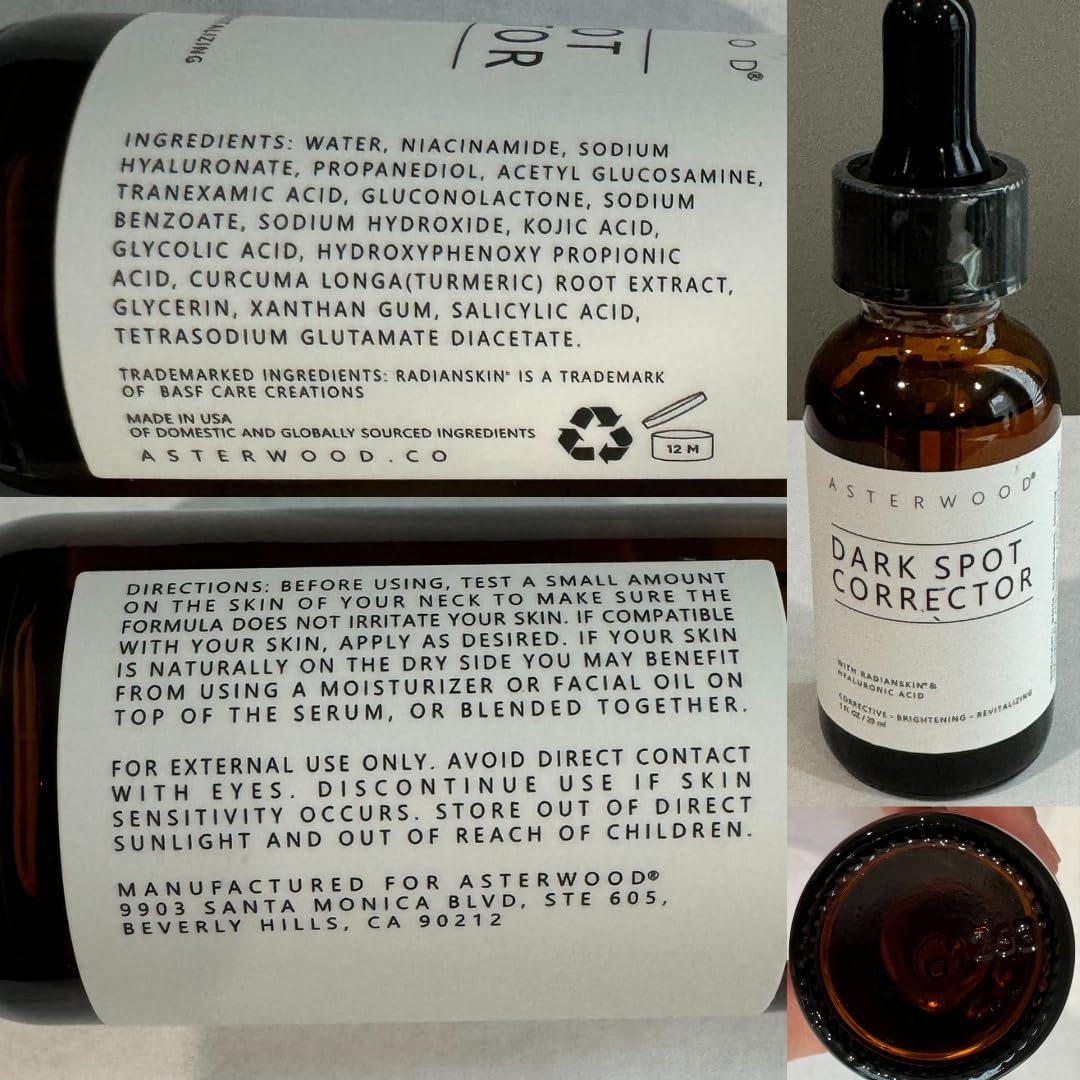 image:imageAsterwood Dark Spot Corrector for Face Serum with Radianskin with Tranexamic Acid Kojic Acid Glycolic Acid amp Salicylic Acid 1 Fl Oz
